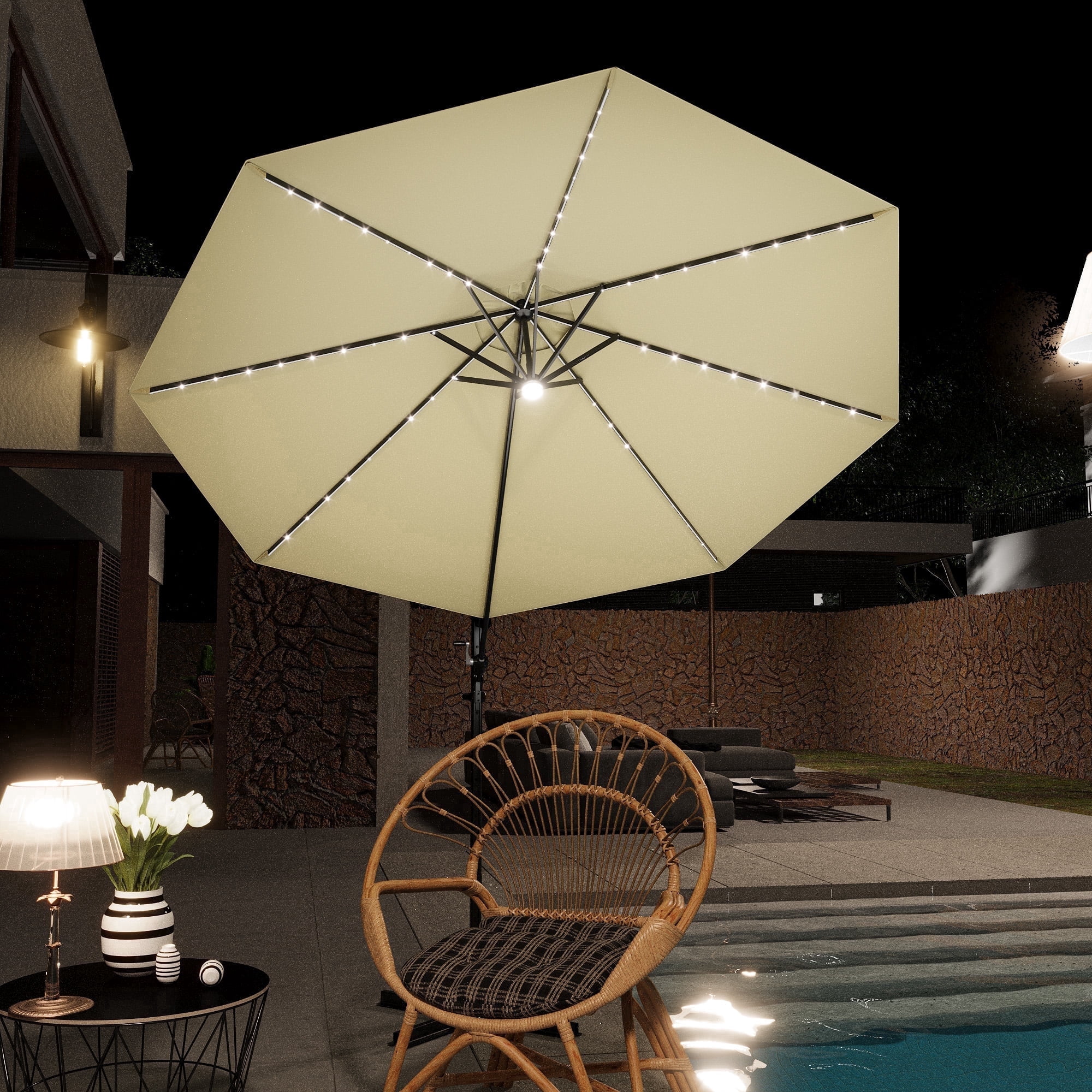 Patiowell 10FT Patio Umbrella, with Solar LED, 360° Rotation, Crank Open & Tilt, Beige