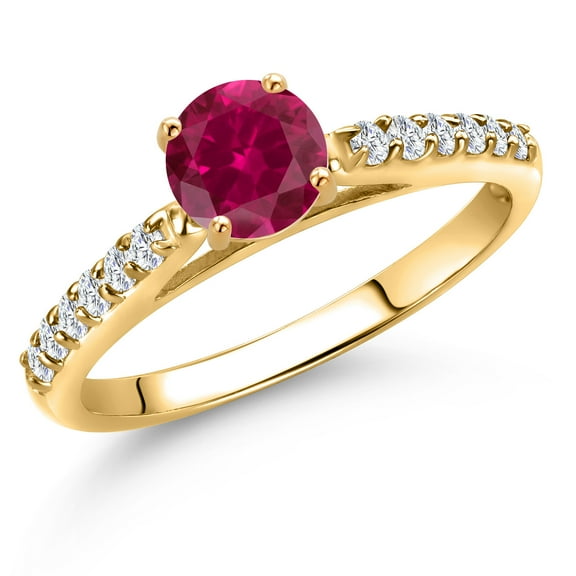 Gem Stone King 10K Yellow Gold Red Created Ruby and Lab Grown Diamond Engagement Ring for Women | 0.78 Cttw | Round 5MM | Gemstone July Birthstone | Size 5