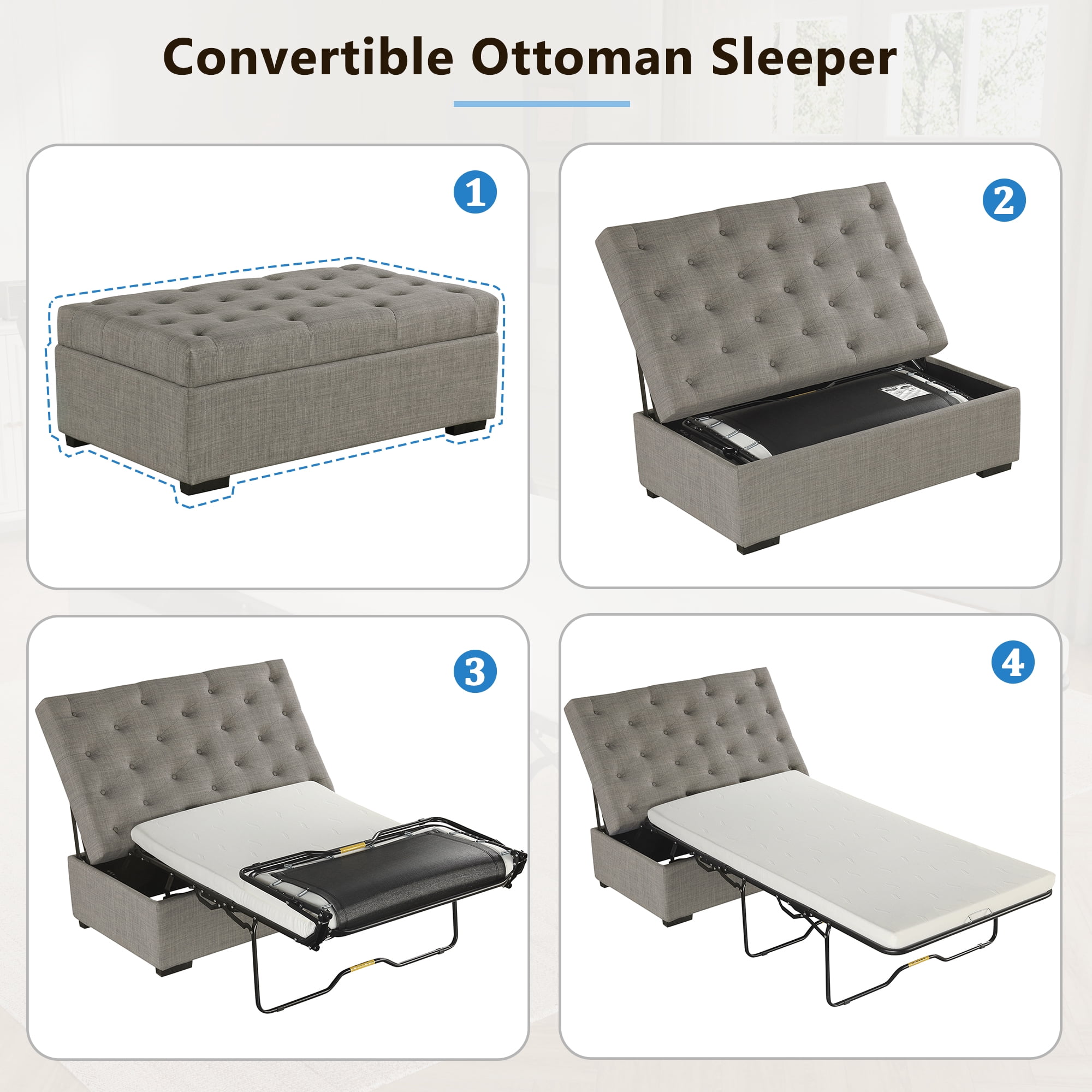 Euroco Convertible Ottoman Sleeper Bed with Memory Foam Mattress, Folding Twin Bed for Guests, Tufted Linen Upholstery, Iron Frame, Space-Saving Sofa Bed