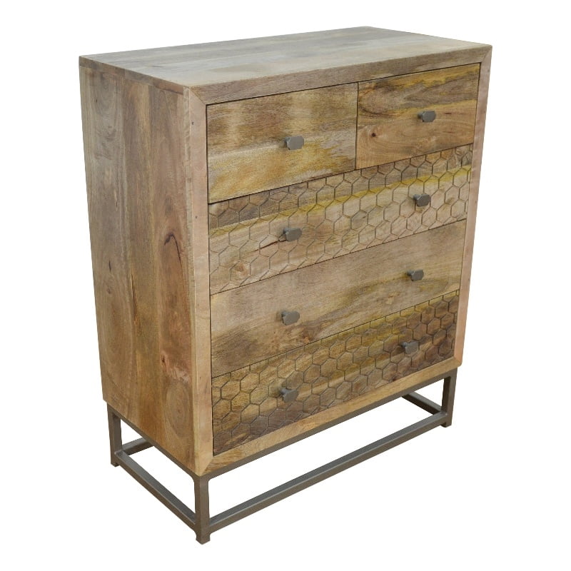 Harlow 5 Drawer Dresser Solid Wood Natural Finish on BrassFinished