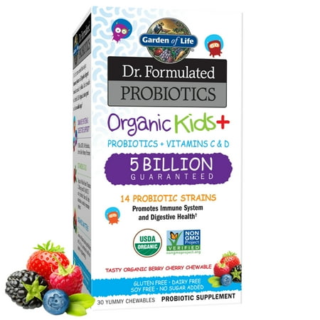 Garden of Life Dr. Formulated Probiotics for Kids, Organic Kids+ - Berry Cherry, 5 Billion CFU Chewable Probiotic Plus Vitamin C and D, Dairy Free Immune Digestive Health Supplement - 30 Chewables