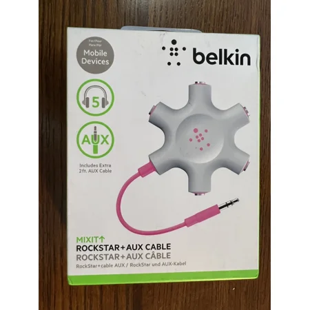 RHEA- Belkin Rockstar 5-Jack Multi Headphone Audio Splitter Pink New- T