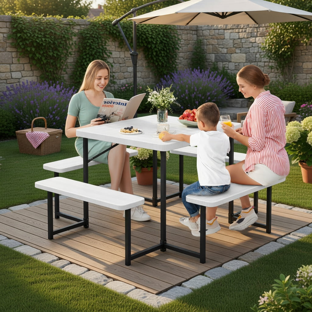 Hommoo Outdoor Square HDPE Picnic Table & Bench Set for 4–8 People, Includes Umbrella Hole & Weather-Resistant Metal Frame, White