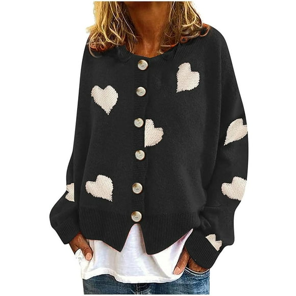 Vente de Liquidation Cardigans pour Femmes Élégants à Manches Longues Cardigan pour Femmes en Forme de Cœur Imprimé Doux Boutons Hauts Mignons pour Femmes Élastique Mode Côtelé Cardigan Confortable (Noir, 2TG)