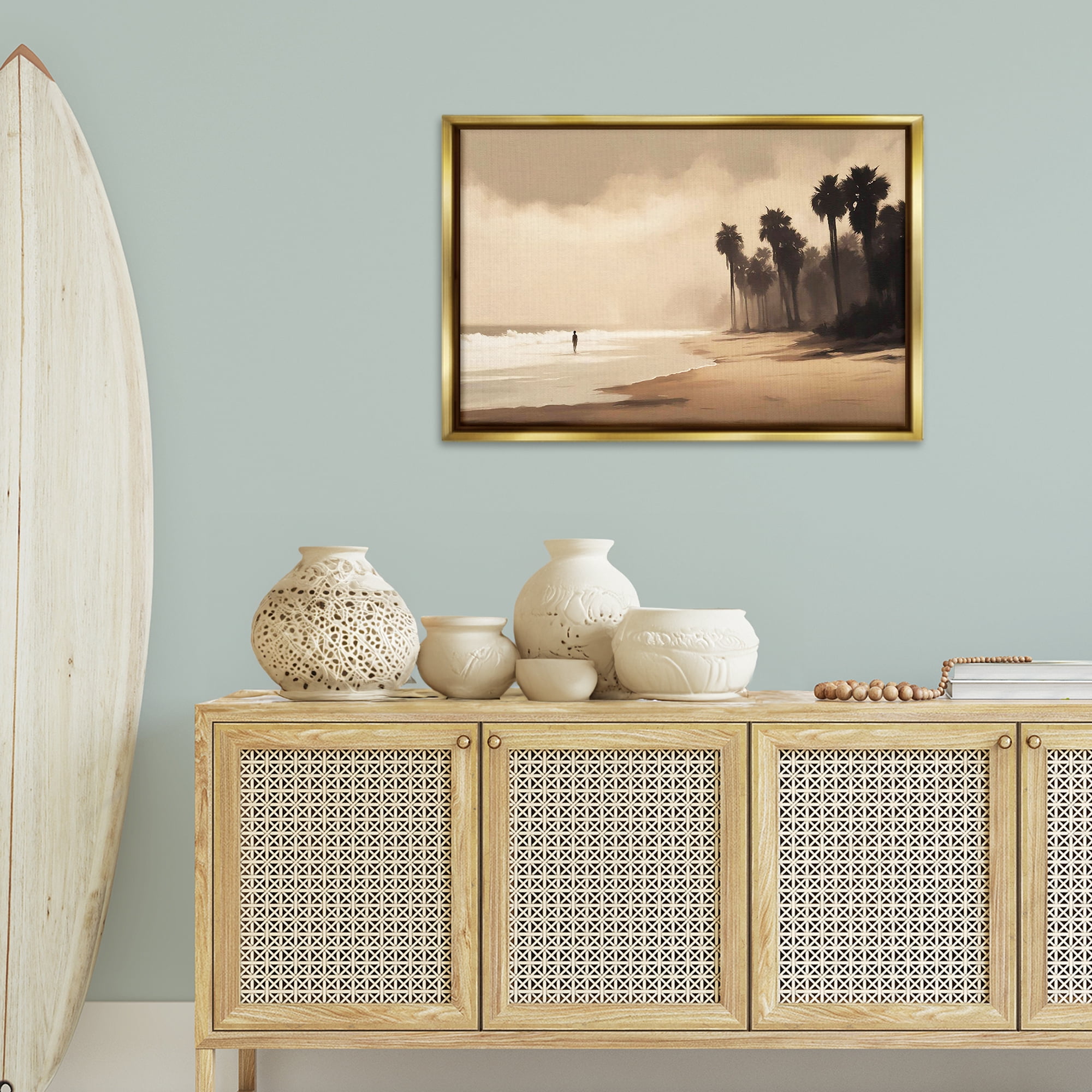 Stupell Industries Moody Beach View Landscape & Nature Painting Gold Floater Framed Canvas Art Print Wall Art, 31 x 21
