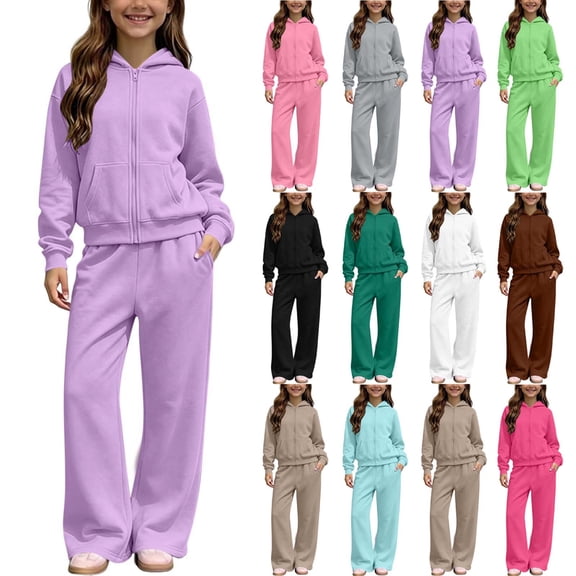 Lovzfmll Boy's & Girl's Zip-Up Set, Hooded Jacket & Wide Leg Pants, Warm Casual Wear for Little Girls, 11-12 Years