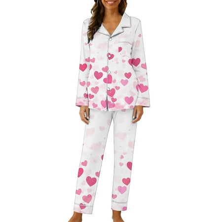 JSKUMAR Women s Sleepwear Cotton Pj Set Cute Heart Print Long Sleeve Button Down Shirt With Long Pants Pajamas Set (Hot Pink-2 XL)