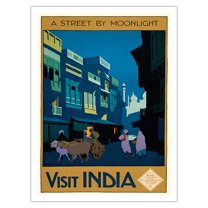 Visit India - A Street by Moonlight - Street Scene with Ox Cart - Vintage Travel Poster by Henry George Gawthorn c.1920 - Bamboo Fine Art 290gsm Paper (Unframed) 12x16in