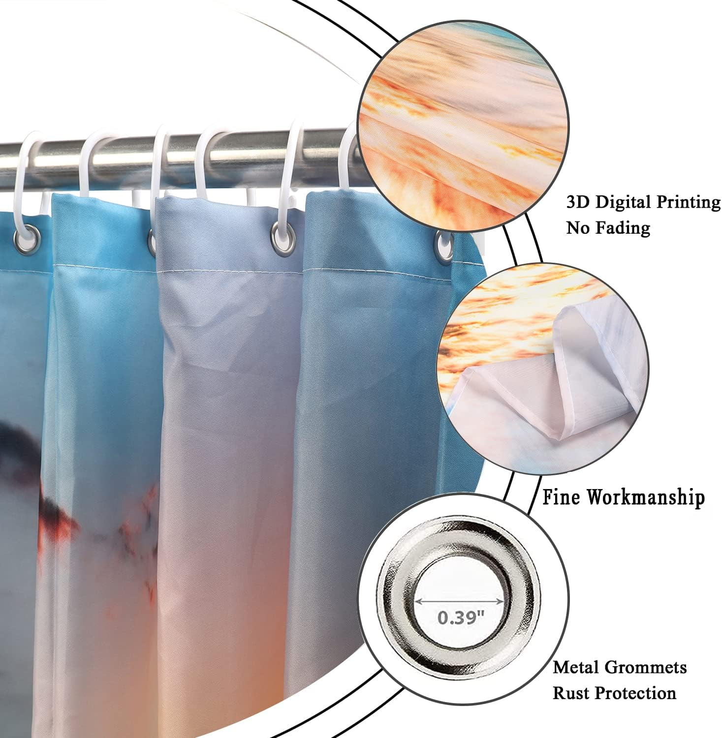 Ocean Beach Shower Curtain, Summer Tropical Ocean Waves Sunset Coastal Hawaii Cool Sea Seaside Scene Island Bathroom Curtain Waterproof Fabric Machine Washable with 12 Hooks