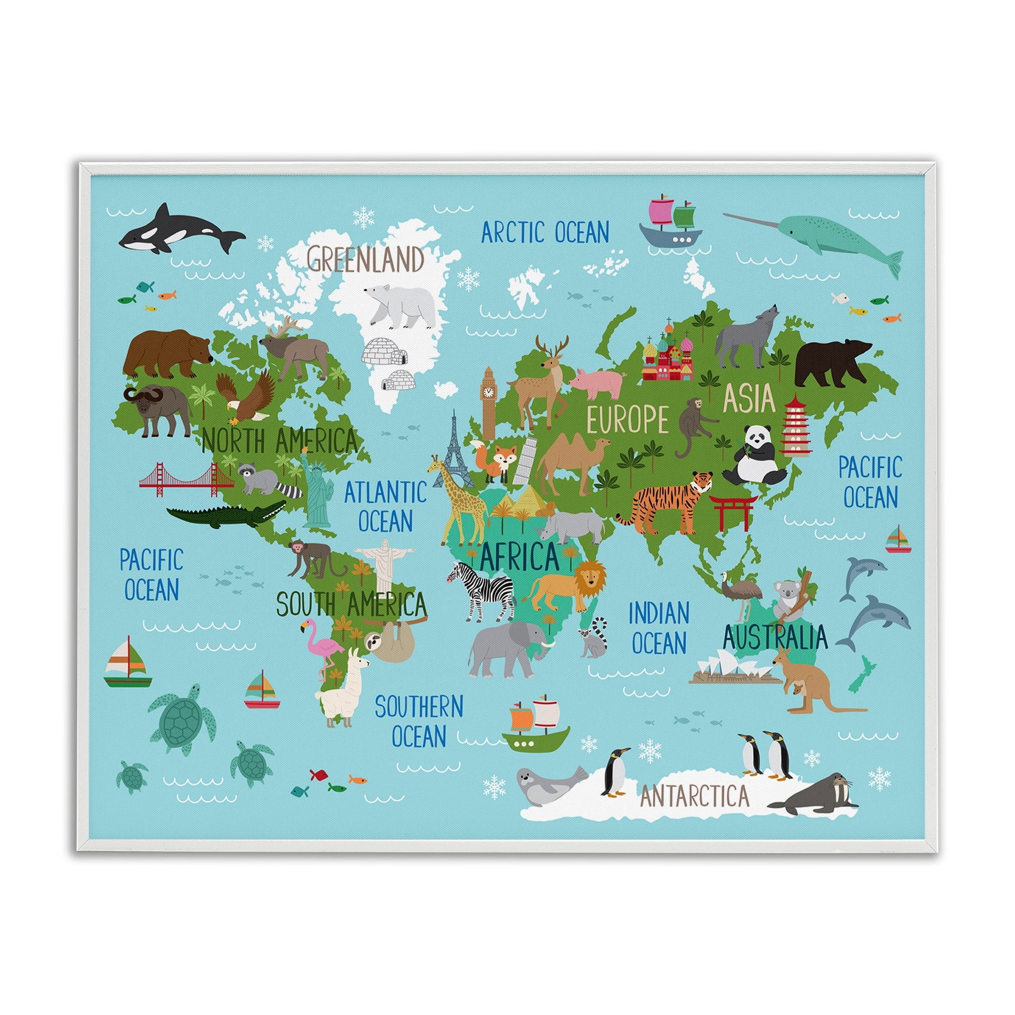 Stupell Industries Kid's Animal World Map Favorite Regional Wildlife Graphic Art White Framed Art Print Wall Art, 11x14, by Lisa Whitebutton