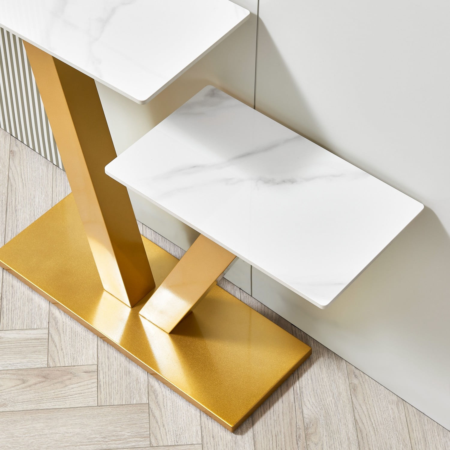 Gewnee Modern 2-Tier Console Table Entryway Sofa V-Shaped Accent Table with Metal Base And Adjustable Foot Pads for Hallway, Corridor