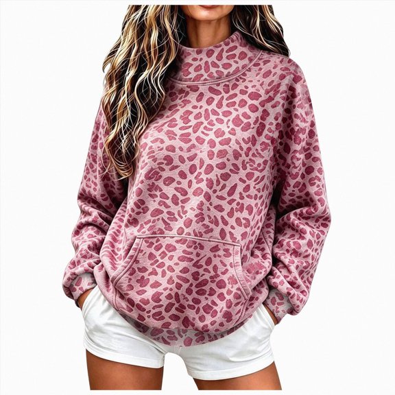 vigerkar Mock Neck Sweatshirt Women, Oversized Long Sleeve Leopard Pullover, with Pocket Drop Shoulder Fashion Streetwear Casual Teacher Outfit (Hot Pink, XXL)