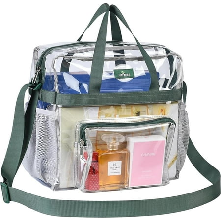 may tree clear bag for stadium events, 12×6×12 clear tote bag with adjustable strap for sports work festival concert - green