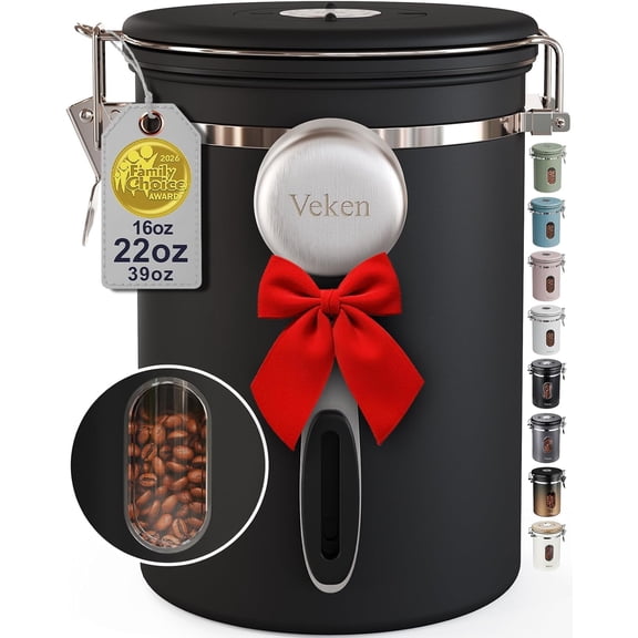 Coffee Canister with Window,Airtight Stainless Steel Pantry Container,Kitchen Food Storage Organizers for Beans,Ground,Espresso,Rice,Tea,Sugar, Cereal, Bar Accessories,Gifts,Lids,Jars,22OZ,Black