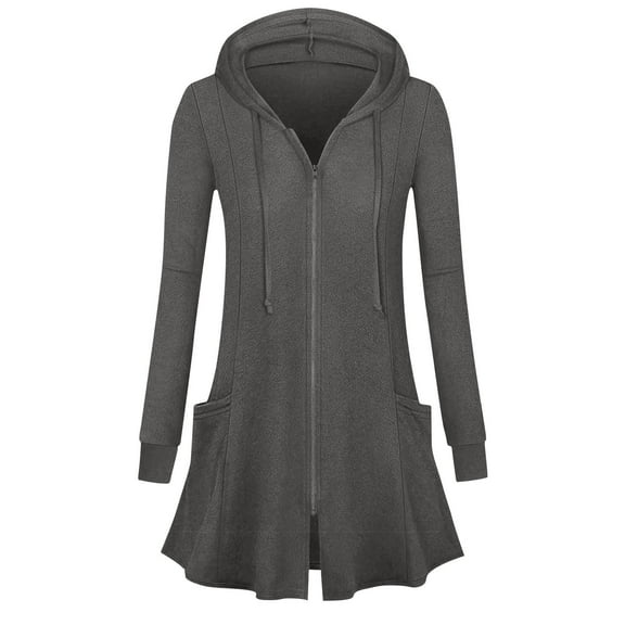 TKLPEHG Womens Zip Up Long Hoodie Jacket Casual Tunic Sweatshirt Long Sleeve Open Front Cardigan Solid Color Coats with Pockets (Dark Gray,M)