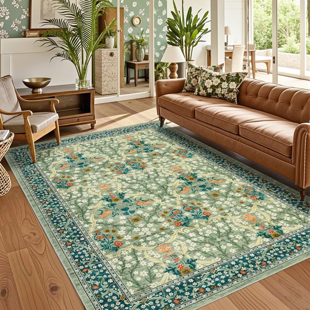 Garvee 9x12 Floral Area Rug Living Room Rug, Washable Rugs Non Slip Stain Resistant Soft Indoor Printed Rug Carpets, Low Pile Floor Mats for Bedroom Dining Room Home Office, Green
