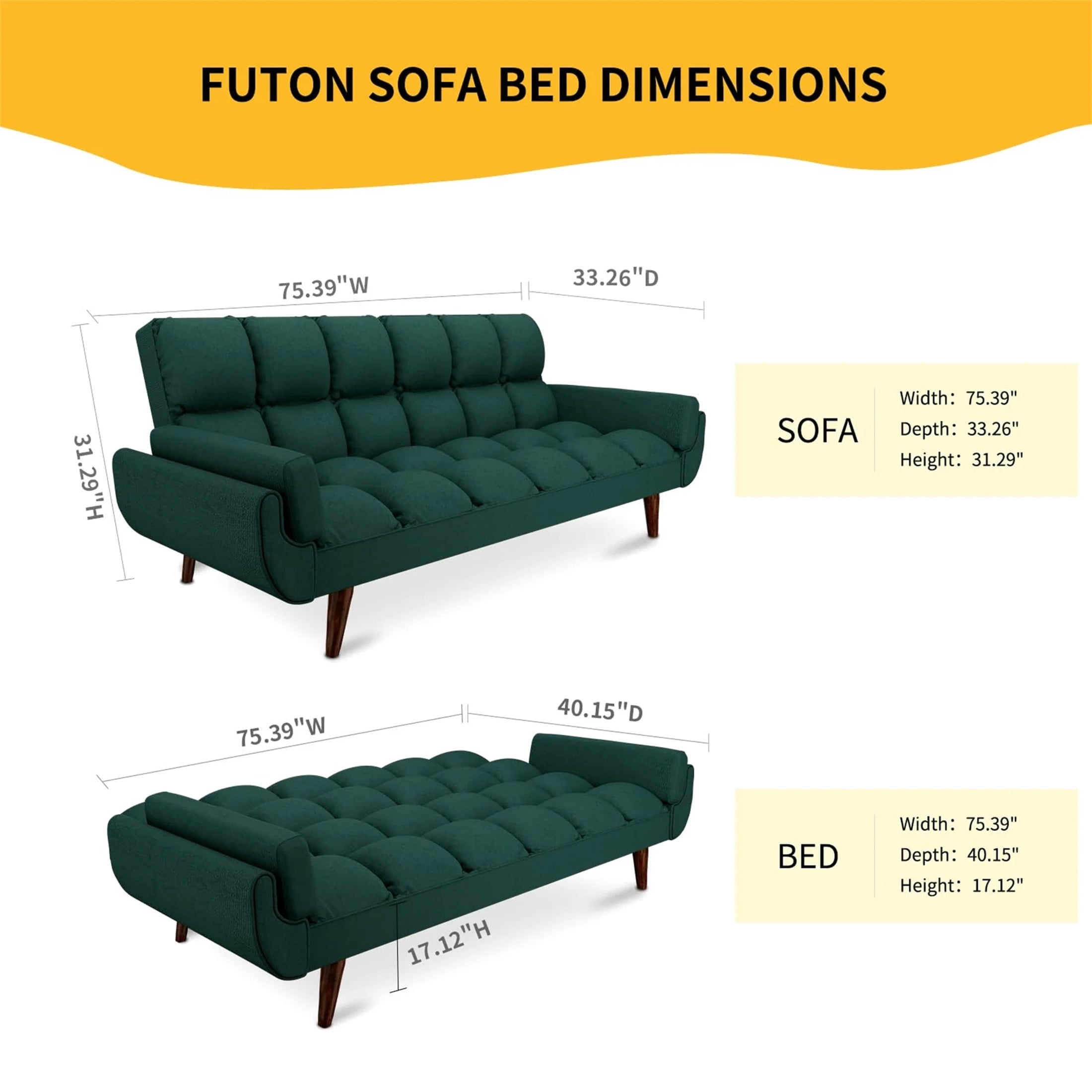 Aukfa Futon Convertible Sofa Bed, Linen Sleeper Couch for Home Office, Green
