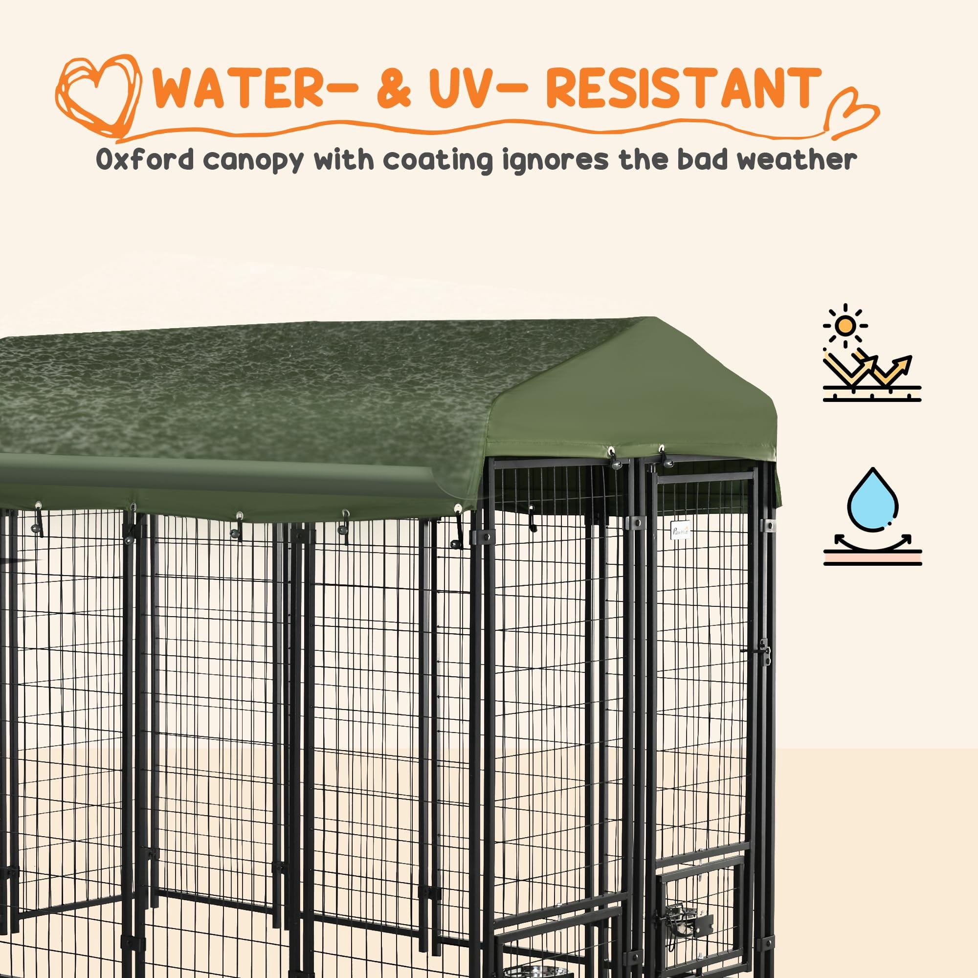 8x4x6 Feet Outdoor Dog Kennel for Small Medium Large Dogs, Heavy Duty Welded Wire Dog Run with 360° Rotating Bowls, Waterproof UV Resistant Cover, Secure Pet Playpen, Green