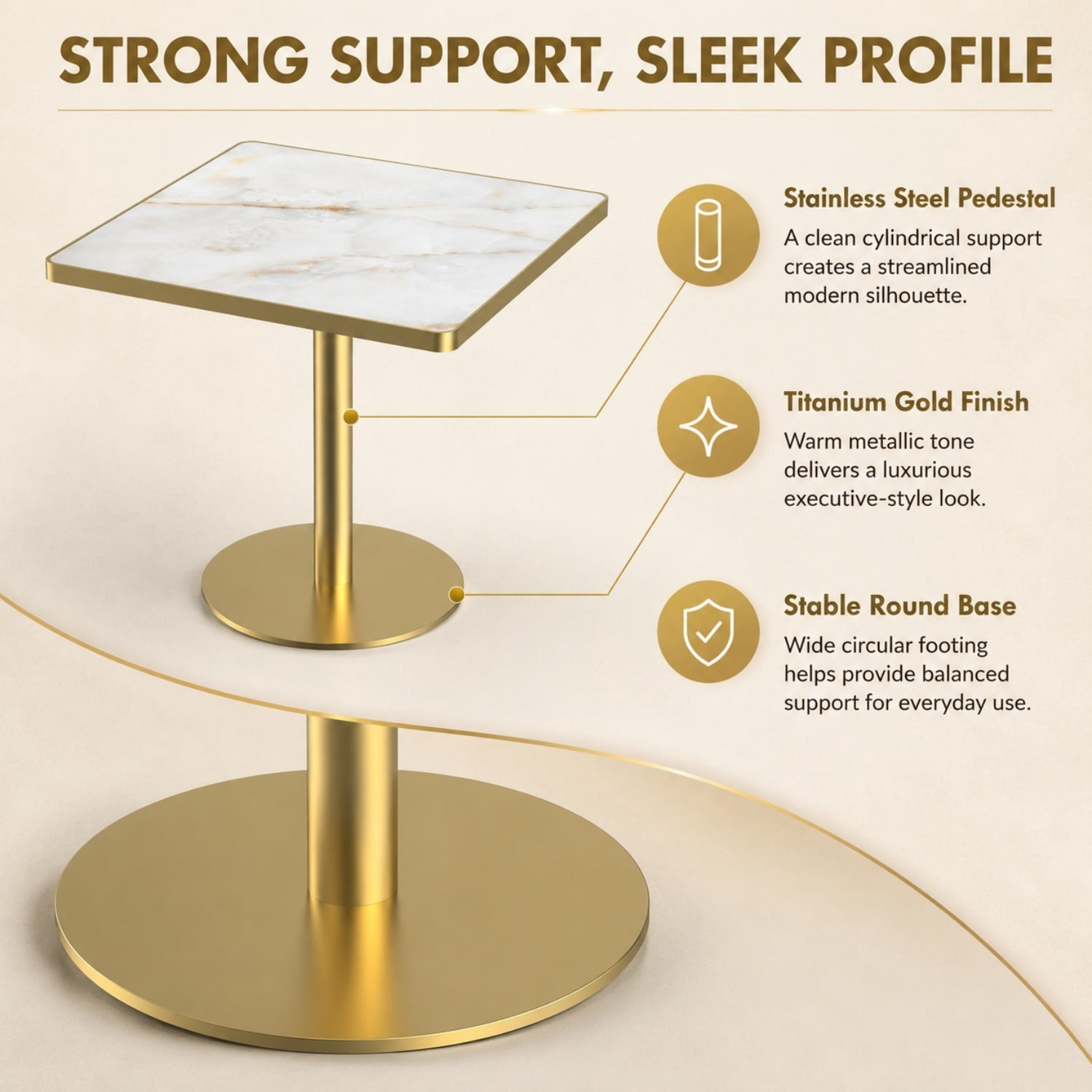 Miniyam 31.5 in Square Dining Table, Glossy Marble-Look Small Kitchen Table with Titanium Gold Feet, White Gold Vein