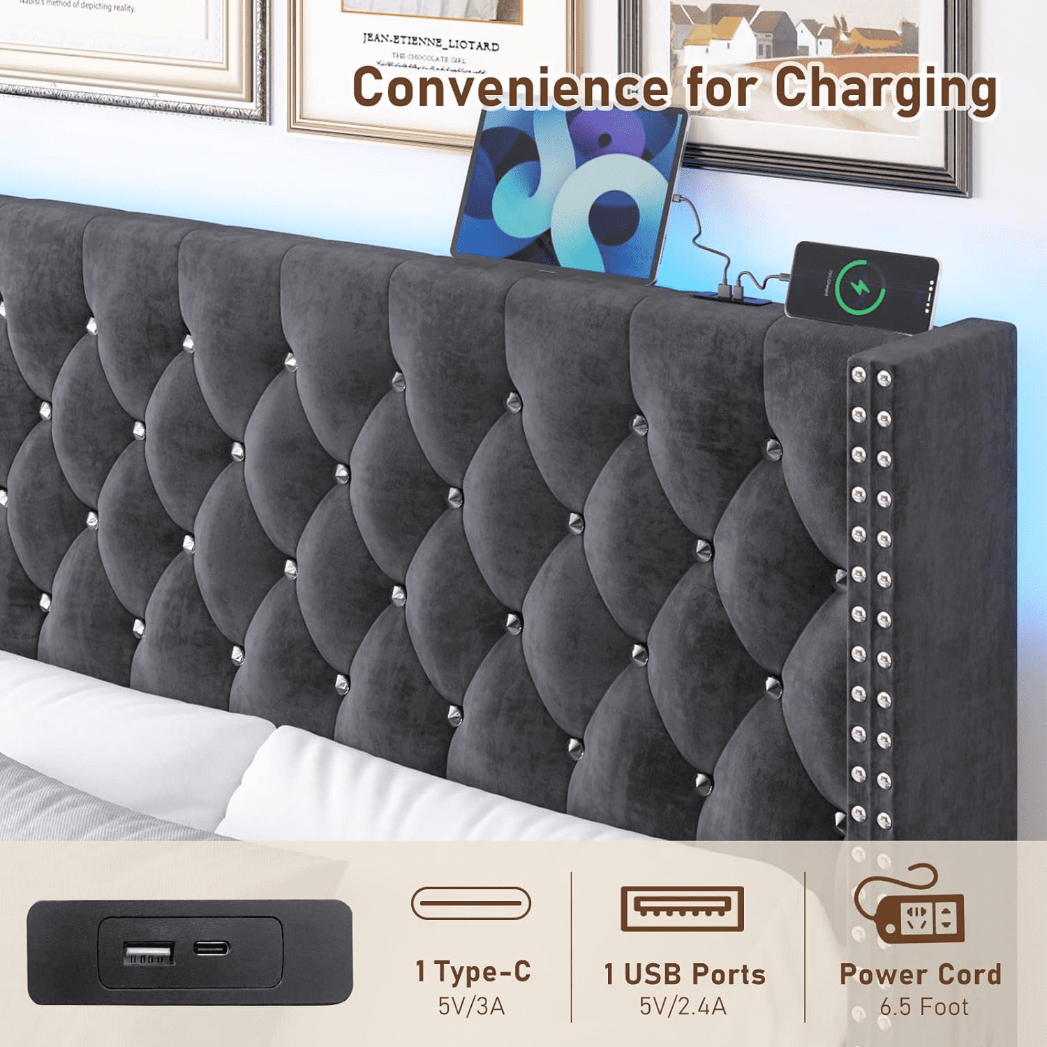 Blotout Queen LED Upholstered Bed Frame with Wingback Headboard, Velvet Diamond Button Tufted Bed Frame USB & Type-C Ports and Side Pockets, Wood Slats Support, No Box Spring Needed