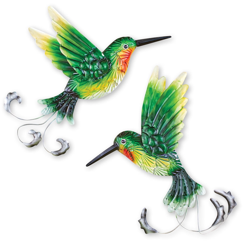 Handpainted Metal Hummingbird Wall Set, Set of 2 Hooks on Back for