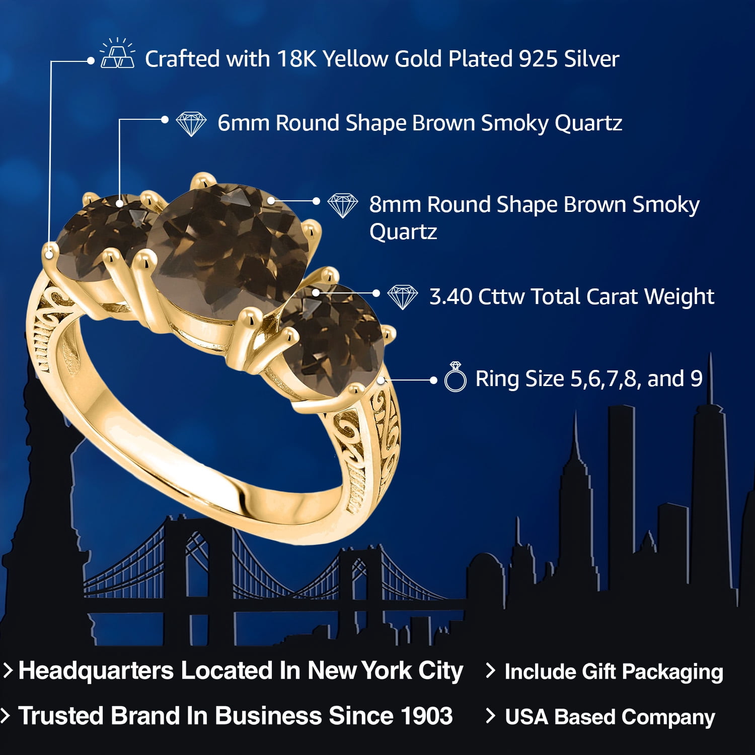 Gem Stone King 18K Yellow Gold Plated Silver Round Brown Smoky Quartz 3-Stone Ring for Women | 3.40 Cttw | Gemstone Birthstone | Wedding Engagement Anniversary Promise Ring for Women| Size 5