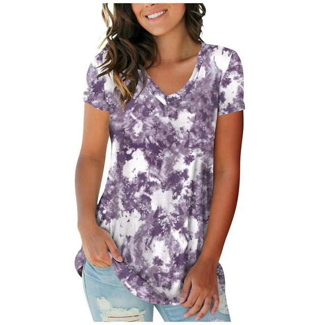 Birdeem Womens Fashion Plus Size Gradient Color V-Neck Short Sleeve T-Shirt Tops Blouse