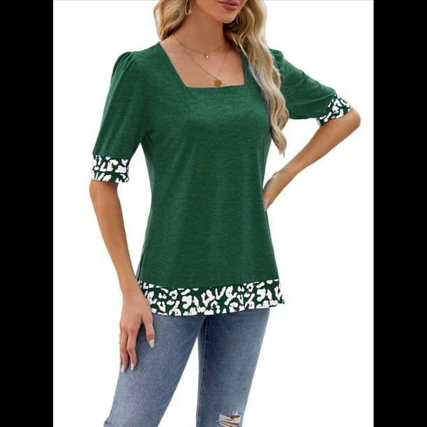 Camiseta de Verano para Mujer, Estilo Casual, de Corta y Cuello Cuadrado, Holgada, con Estampado de Vaca y Bloques de Color. Verde Oscuro L