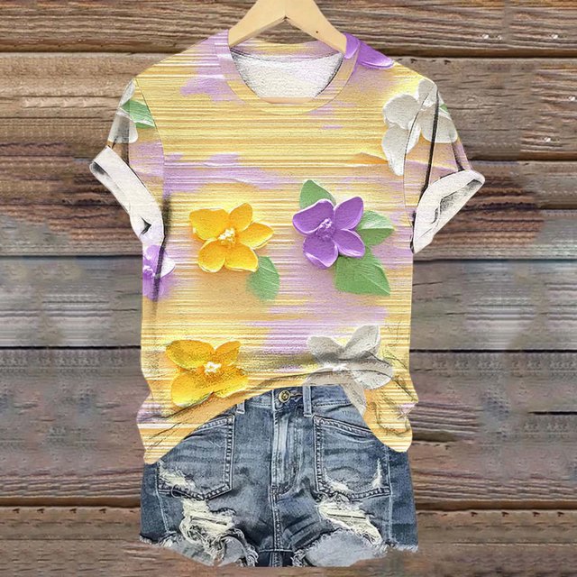 Liquidation Fatuov T-Shirts à Col Rond Grande Taille pour Femmes Manches Courtes Imprimé Floral T-Shirts Graphiques Été Hauts Doux Multicolores