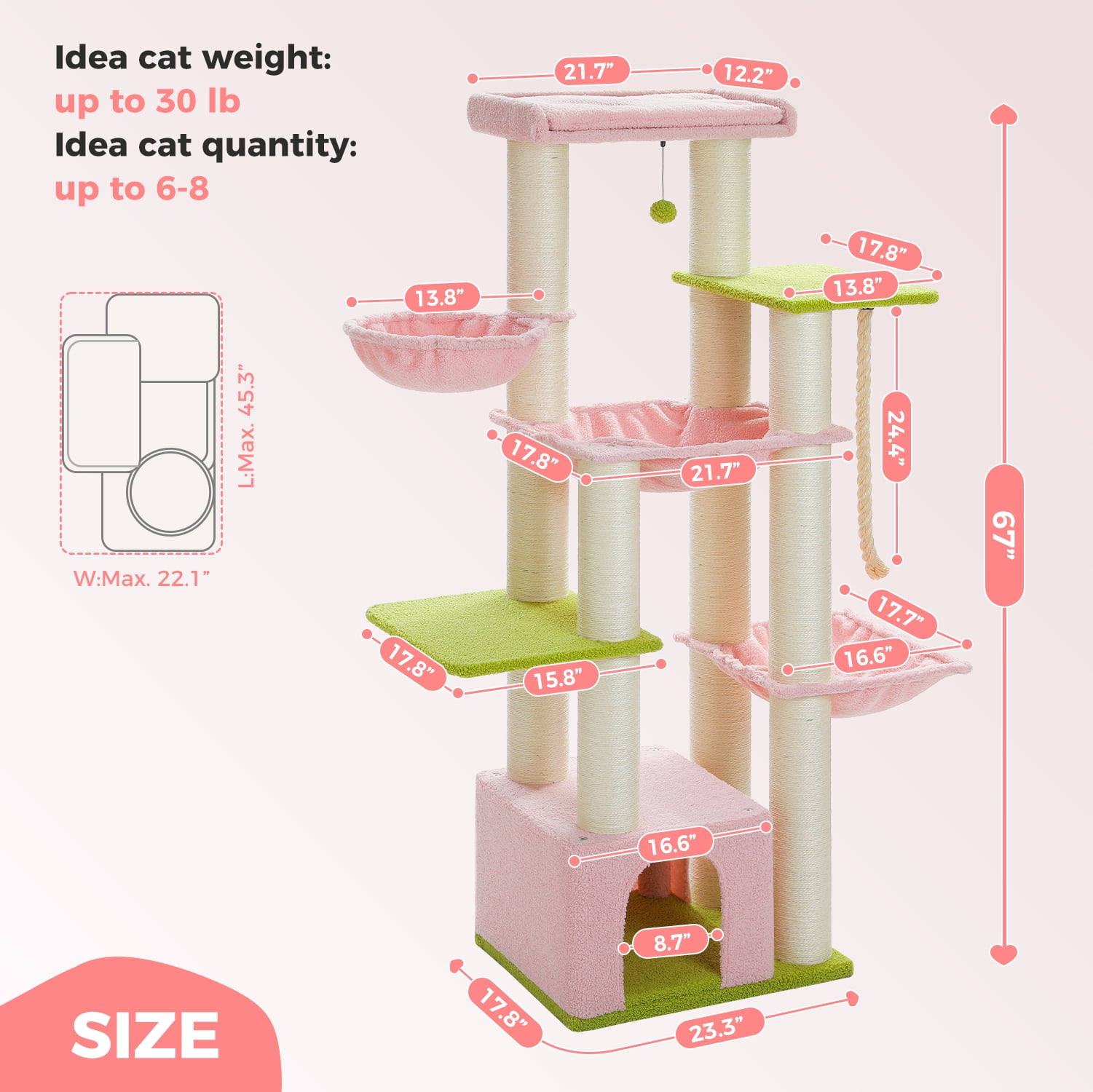 Pefilos 50" Heavy-Duty Cat Tree Tower with Extra-Thick Scratching Posts (φ4.3), Condo, 2-Layer Baseboard for Big Cats up to 16 lbs, Pink