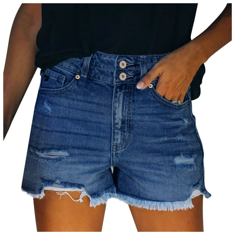 YYDGH Jean Shorts Womens High Waisted Stretchy Two Buttons Frayed Raw Hem  Ripped Denim Shorts Distressed Dark Blue XL 