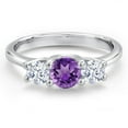 thumbnail image 3 of Gem Stone King 14K White Gold Purple Amethyst & White Zirconia 3-Stone Engagement Ring | 0.98 Cttw | Round 5MM and 4MM | Three Stone Wedding Anniversary Promise Ring for Women (Size 5), 3 of 6