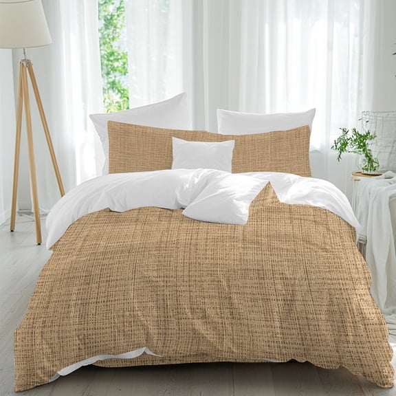 Woven Texture Queen Duvet Cover Set, Brown Tan Linen Style Rustic Farmhouse Vintage 4 Piece Microfiber Bedding Set with Zipper Closure, Bed Sheet and 2 Pillow Shams, Soft Bedding Cover