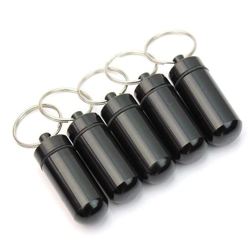 New 5 Pcs Black Waterproof Aluminum Pill Box Case Drug Holder Keychain Container
