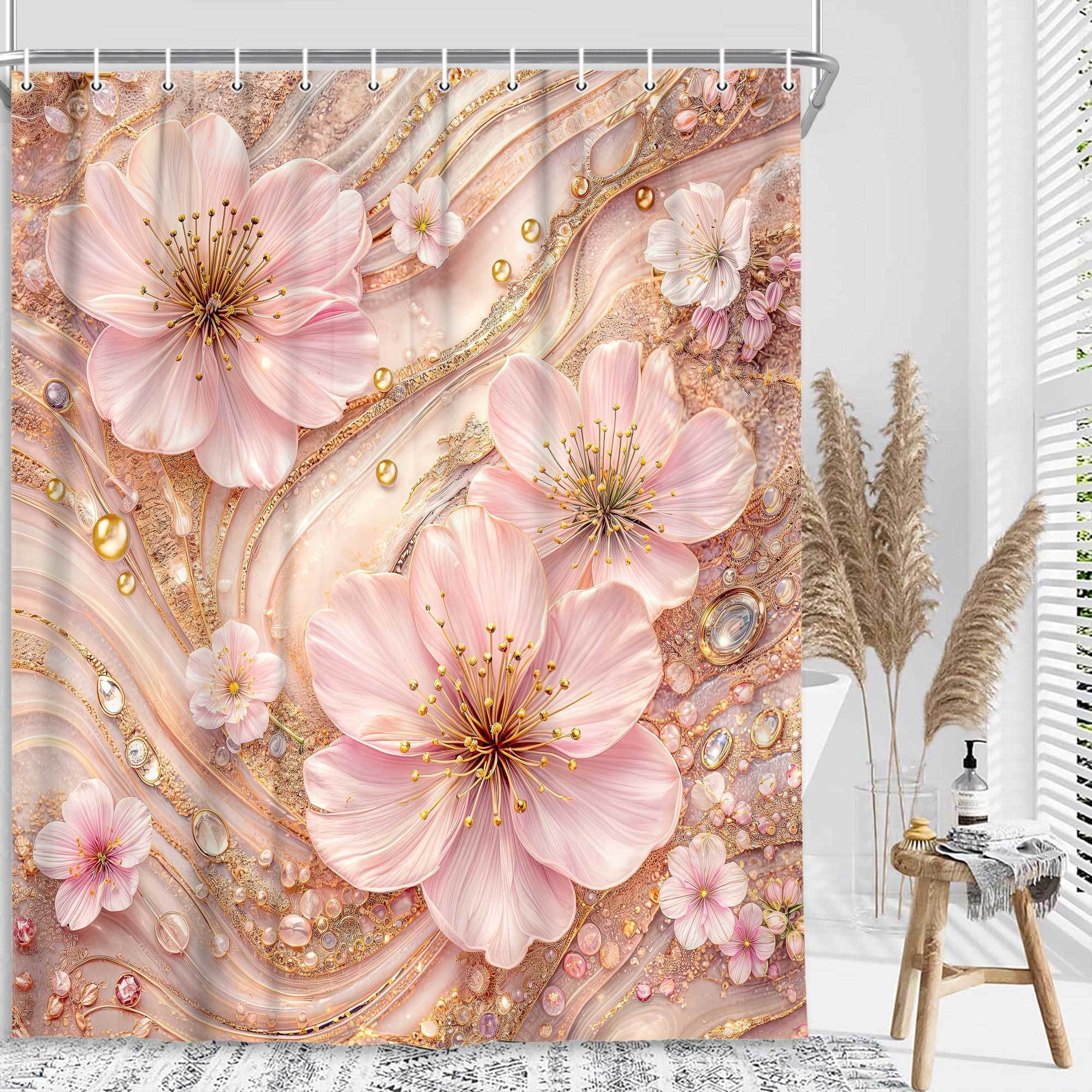 Peach Luxury Marble Shower Curtain, Cherry Blossom Gold Glitter Floral Bathroom Decor, Modern Abstract Watercolor Bath Curtain, Waterproof Polyester Fabric with Hooks for Bathroom Decor,70X75in