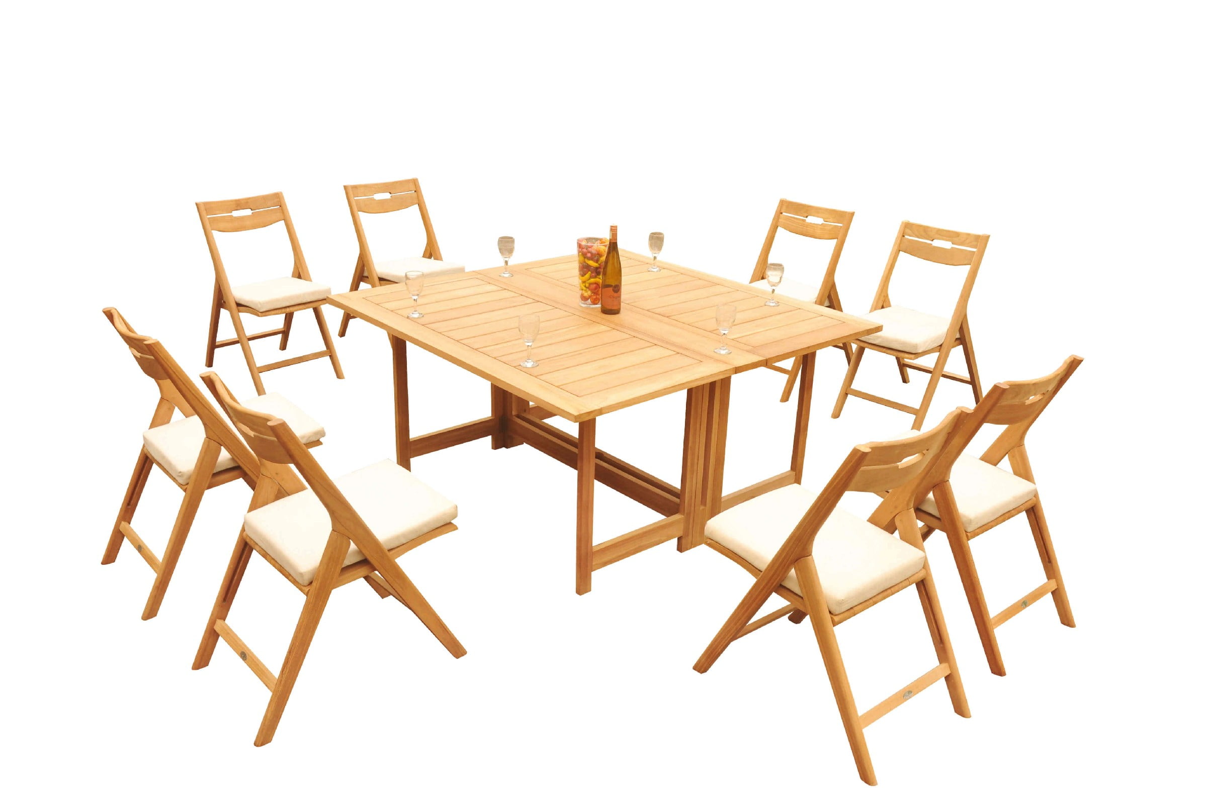 Natural Teak 8-Person Square Outdoor Dining Set with Folding Chairs