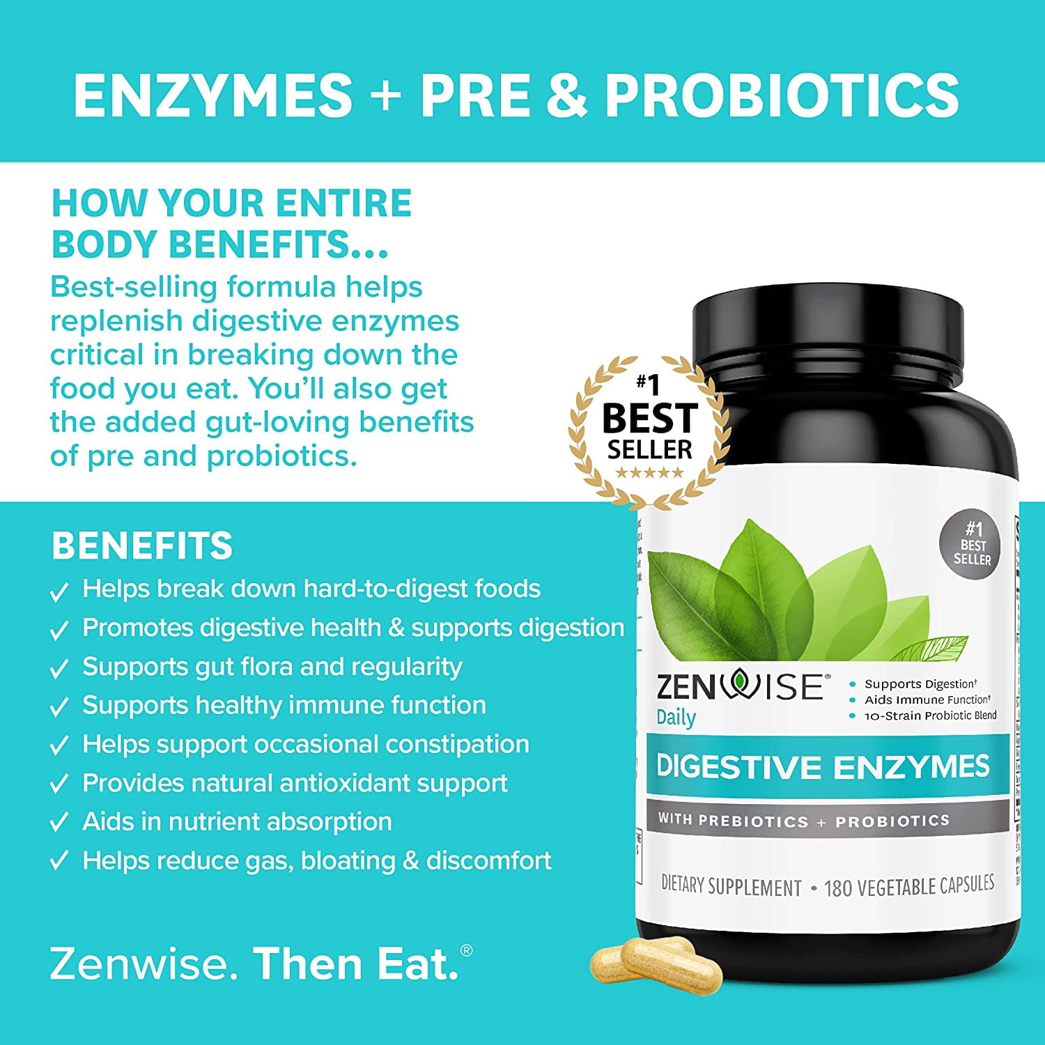 Zenwise Health Digestive Enzymes Plus Prebiotics Probiotics Supplement 180 Servings Vegan Formula For Better Digestion Lactose Absorption With Amylase Bromelain 2 Month Supply Walmart Com
