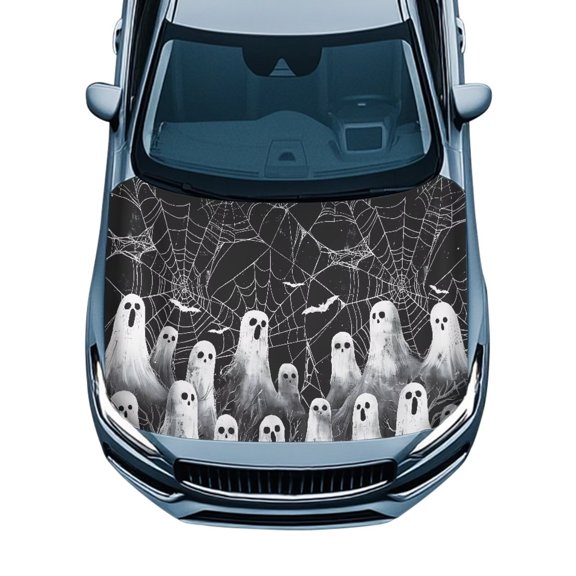 Uorisanigo Car Hood Covers Auto Hood Cover Protection Waterproof Suitable for Most Vehicles Sedans Trucks, Cobweb Ghost Car Bonnet Banner