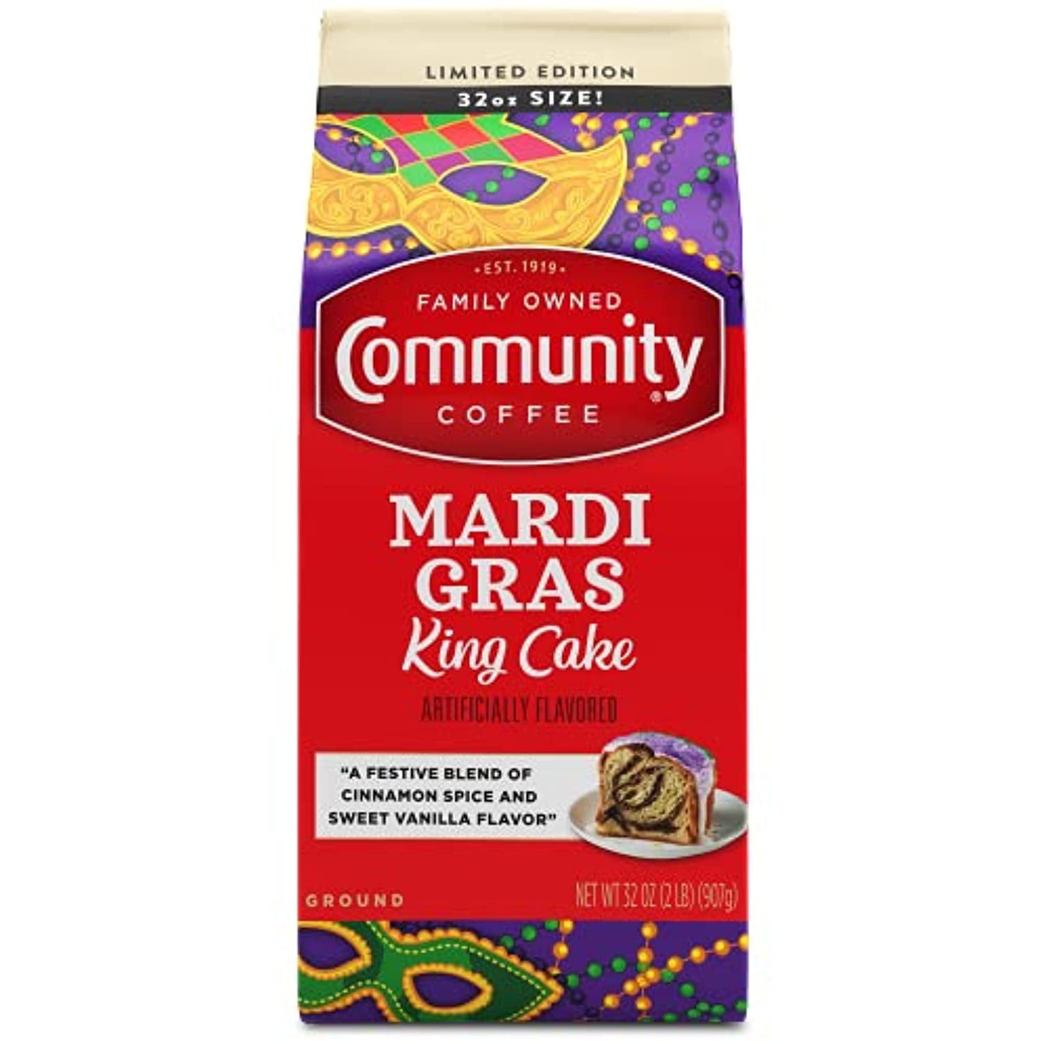 Community Coffee Mardi Gras King Cake Flavored 32 Ounces, Medium Roast