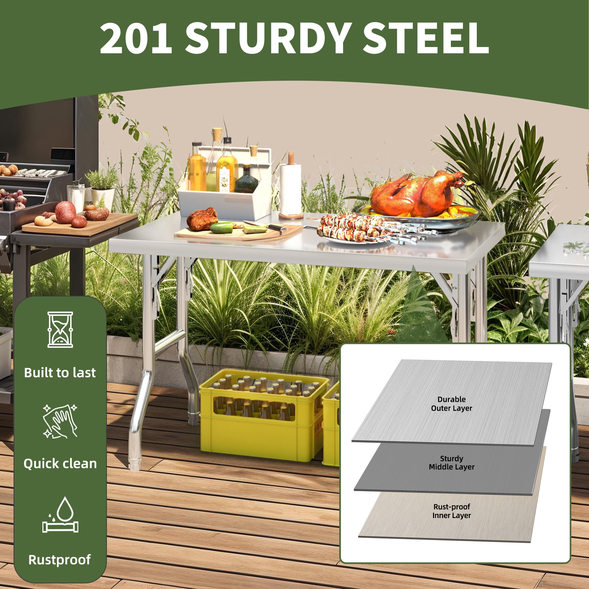 Uforic NSF Certified Stainless Steel Folding Prep Table, 48" x 24", Adjustable Feet, Commercial Kitchen Workbench for Restaurants, Picnic, Party, Camp Dining
