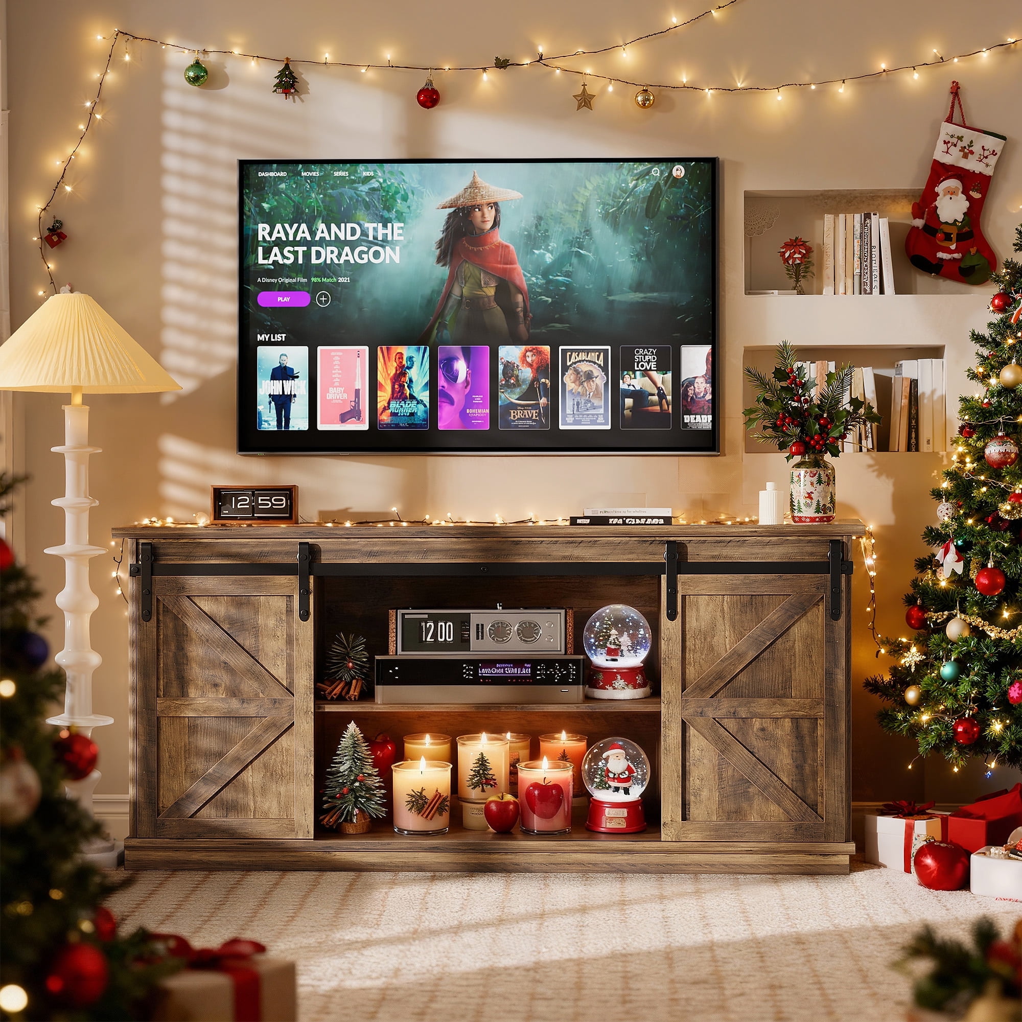 Furmax 65 inch TV Stand Entertainment Center with Sliding Barn Doors and Storage,Rustic Oak