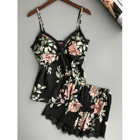 

Huakaishijie Women Sexy Lingerie Sleepwear Satin Silk Babydoll Lace Nightwear Pajamas Set