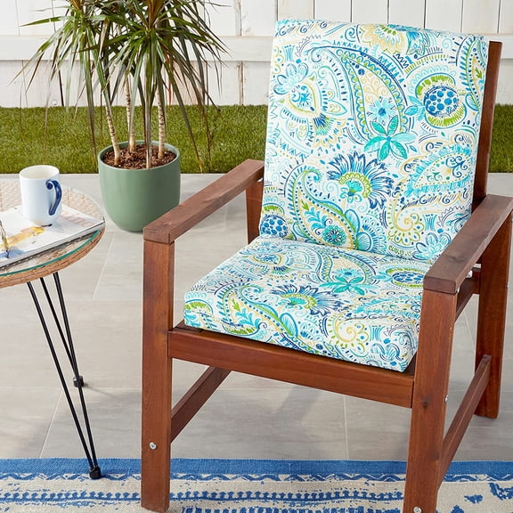 Paisley Indoor/Outdoor Solid Back 1 Piece Square Corner Chair Cushion with Ties, Deep Seat, Weather, and Fade Resistant, 36.5" x 18", Blue/Yellow Gilford