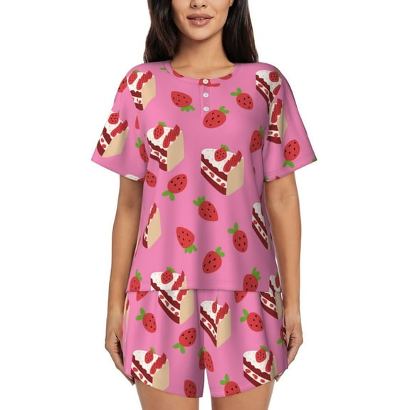 Ratiio Strawberry Cake Print Womens Pajama Sets 2 Piece Soft Short Sleeve Top and Shorts Sleepwear Round Neck Pjs Lounge Set