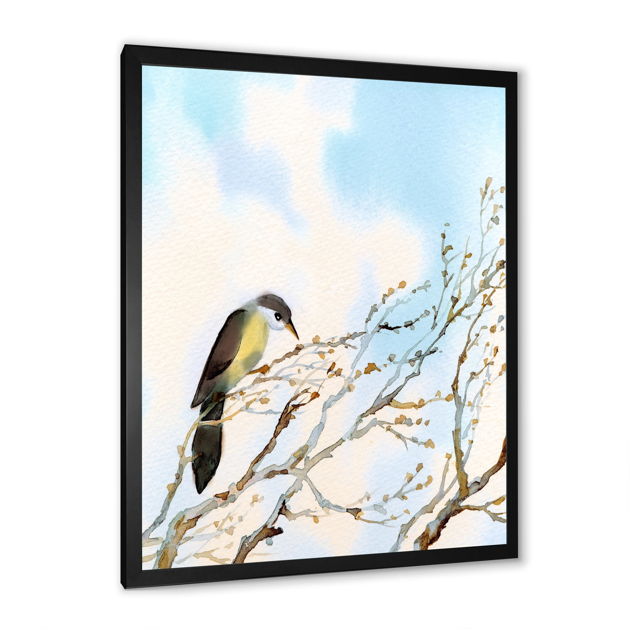 Designart 'Bird Sitting On Old Bare Tree With Blue Cloudy Sky' Traditional Framed Art Print