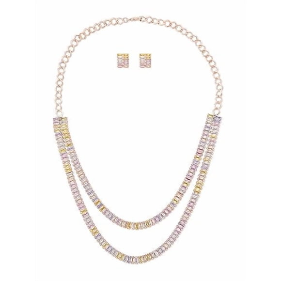 Multicolor Two Layers Baguette Diamonds Necklace Set With Earring For Women | Artificial Stones & Beads Diamonds - Perfect Choker Look Indian Women Style Jewellery Set For Indian Outfits Collection
