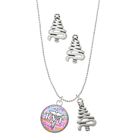Delight Jewelry Silvertone Domed Multi Color RVT Silver tone Zig Zag Christmas Tree Charm Necklace and Stud Earrings