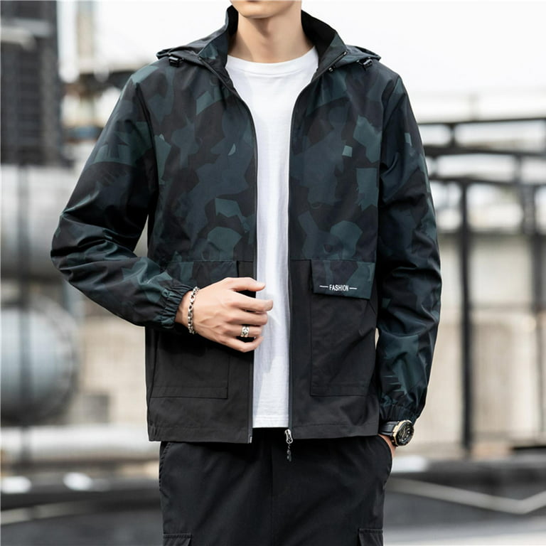BVnarty Jackets for Men Shacket Jacket Long Sleeve Hooded Neck Solid Color  Coat Fashion Casual Ribbed Hem Pocket Sports Outwear Camouflage XXXXXL 