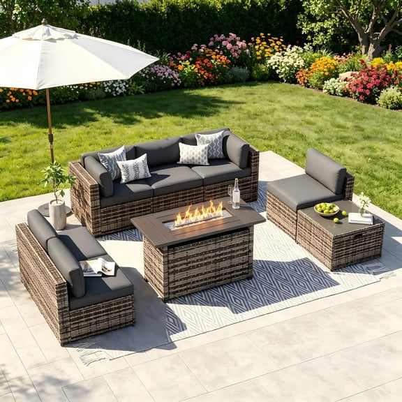 Clouddwell Patio Furniture Sets with Fire Pit Table, Rattan Outdoor Sectional Sofa Set, Wicker Patio Conversation Set for Backyard(Waterproof Cover Included)
