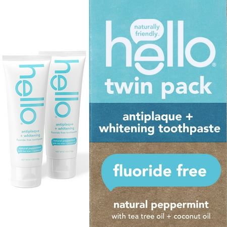 hello Antiplaque + Whitening Fluoride Free Toothpaste, Tea Tree + Coconut Oil, Vegan & SLS Free, Twin Pack